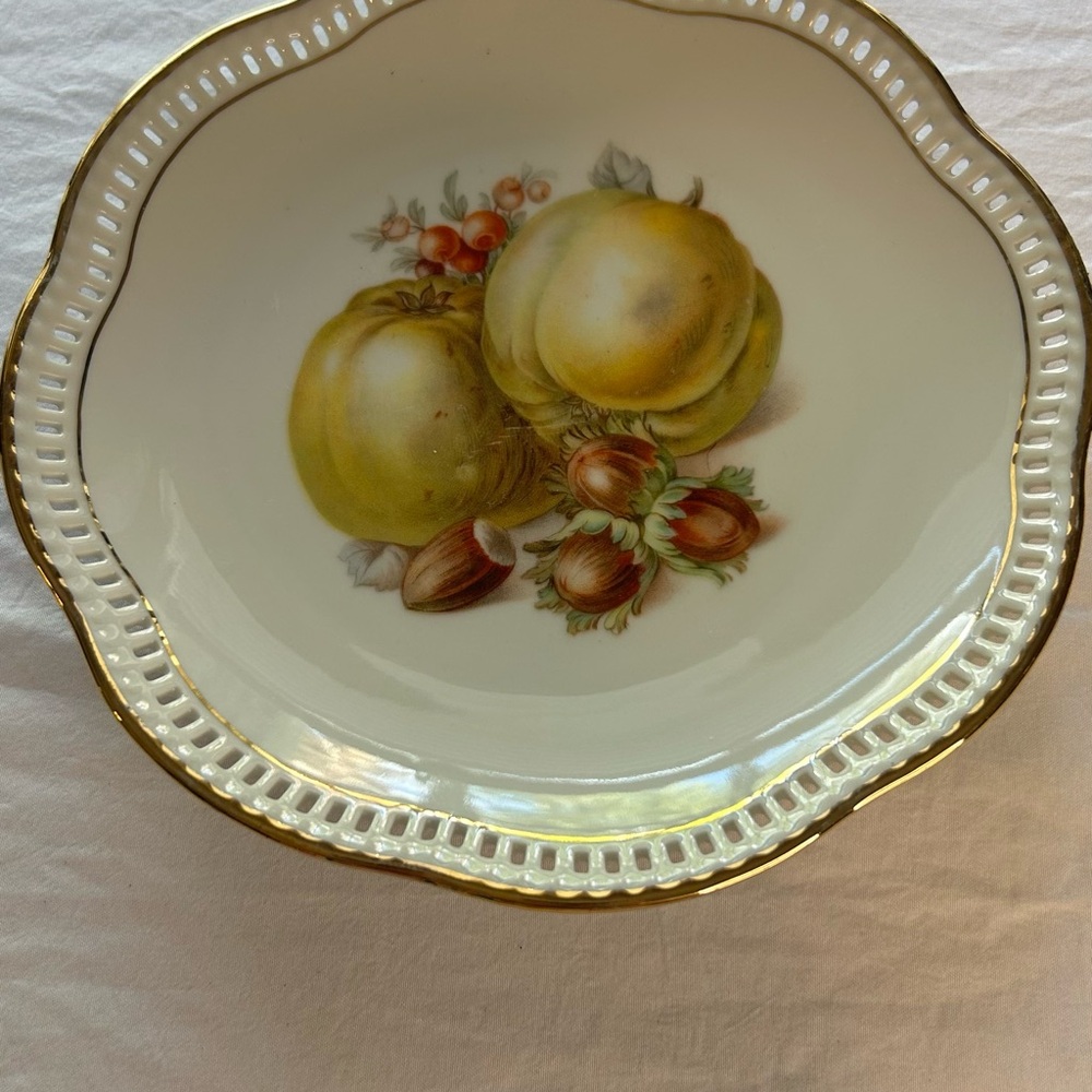 Vintage Fruit Design Plate with Gold Rim